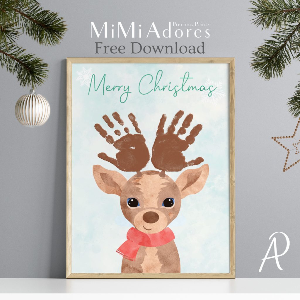 Free Christmas handprint craft printable for toddlers and babies. Cute reindeer. Download print stamp.