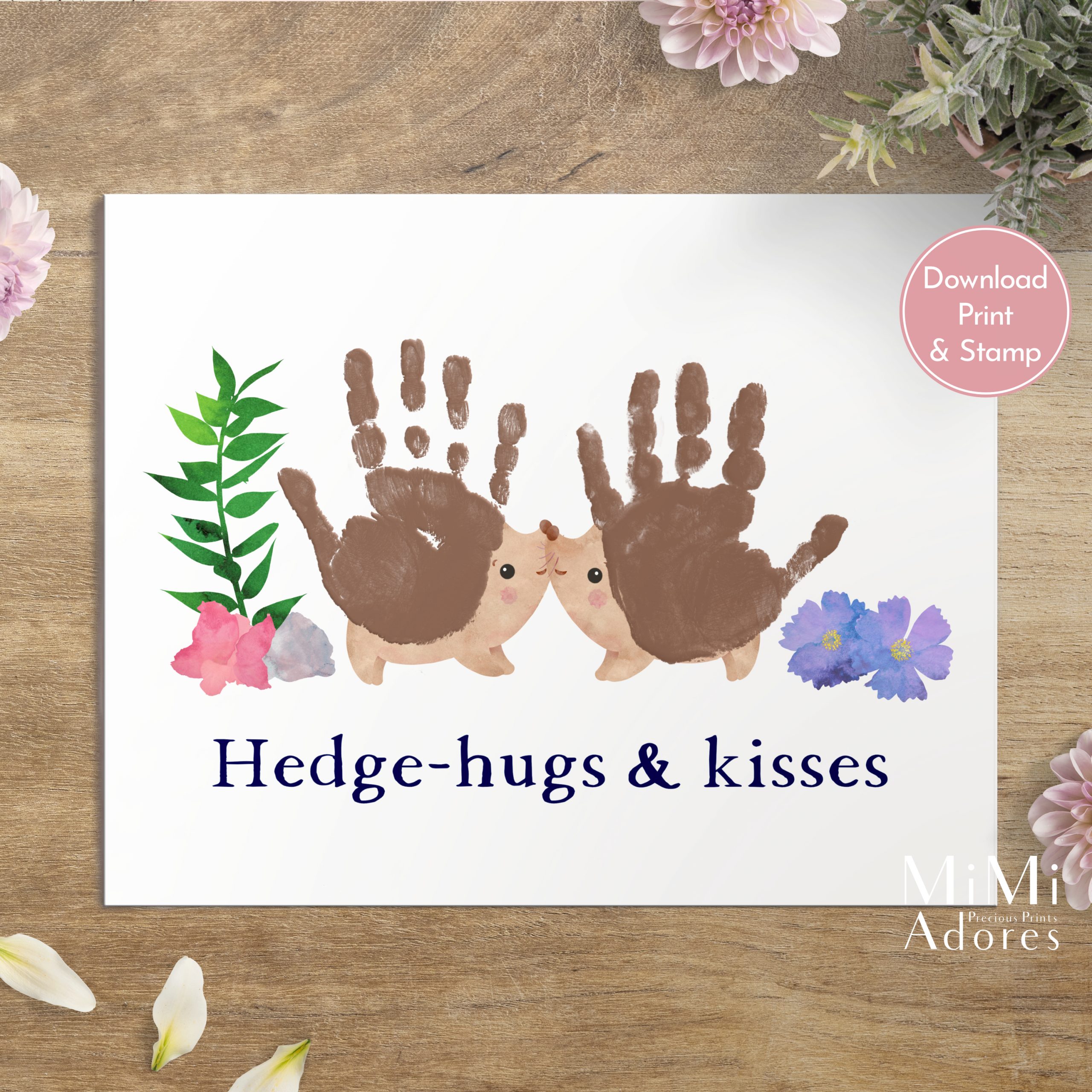 Mockup showing hedgehog handprint printable on table top